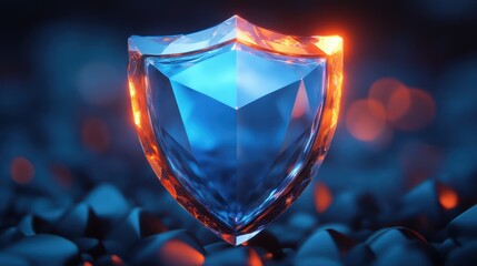 Luminous crystalline shield symbolising security and protection, modern technology