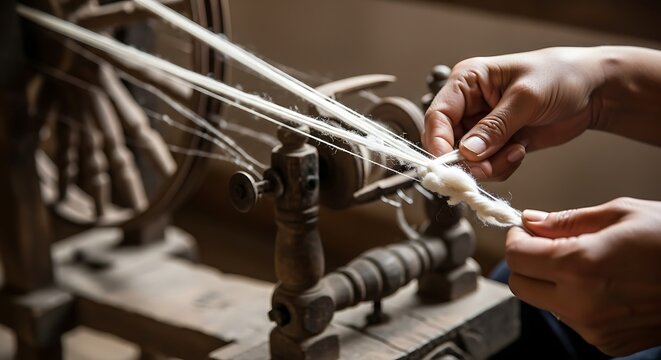 Hands spinning wool on a traditional spinning wheel