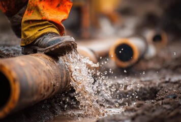 A worker's boot stands on a leaking pipe, water gushing out, highlighting infrastructure issues and potential repair needs.