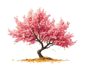 Obraz premium Autumn Cherry Blossom Tree with Bright Pink Blossoms on Transparent Background