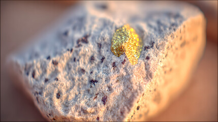 Fototapeta premium Raw rare earth mineral crystals on the weathered crust of yellow brown granite exhibit metallic reflections, showcasing strategic mineral resources and industrial clean energy materials.