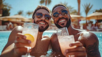 Celebrating Summer: Two Men Toasting with Refreshing Drinks in a Tropical Pool
