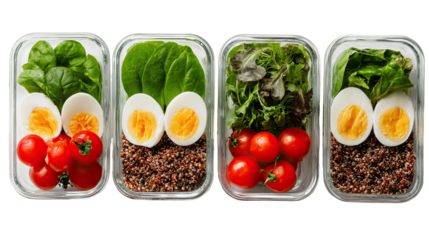 Balanced Diet Containers with Quinoa Boiled Eggs and Cherry Tomatoes on Transparent Background

