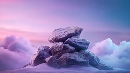 Pile of rough natural rocks on soft terrain under a vibrant pink and blue gradient sky with scattered stars and clouds