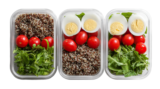 Balanced Diet Containers with Quinoa Boiled Eggs and Cherry Tomatoes on Transparent Background

 - Powered by Adobe