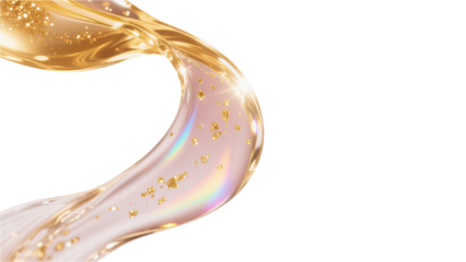 A transparent PNG with gradient fluid containing golden sequins, representing a dreamy luxury texture, used in visual marketing scenarios for beauty and fragrance brands.