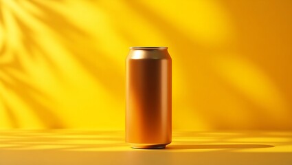 A golden can standing on a yellow surface with shadows of leaves on the yellow background behind it