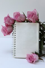 Empty notebook, pink roses, flowers, free space
