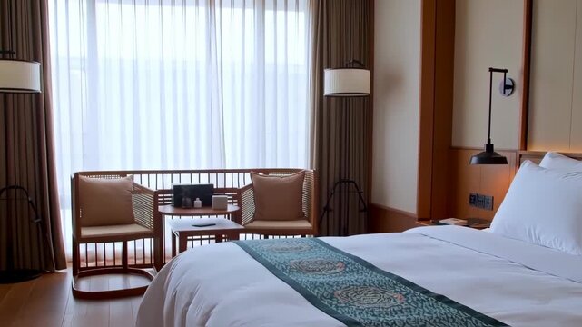 Dynamic View of a Luxurious Modern Hotel Room with Elegant Furnishings and Bright Ambiance