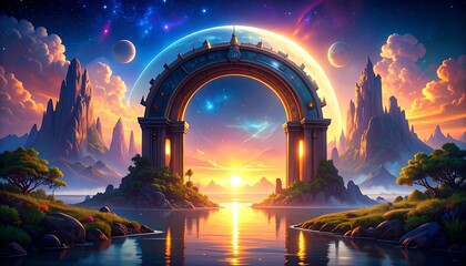 Cosmic archway over tranquil waters