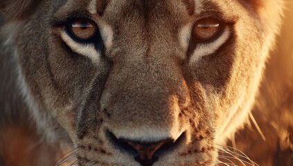 Fototapeta premium Intense gaze of a majestic lioness reveals a story of resilience and strength in the golden light of the African savanna.