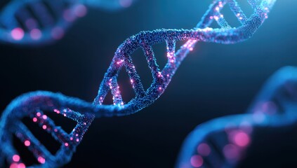 Intricate DNA strands intertwine in a mesmerizing dance of genetic code illuminating the blueprint of life with vibrant hues and captivating detail.