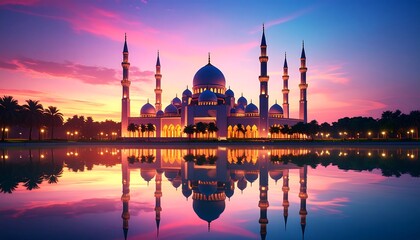 Majestic mosque at sunset, reflected in calm water