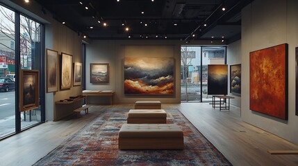 Fototapeta premium Interior view of an art gallery showcasing various paintings with benches and a patterned rug on the floor