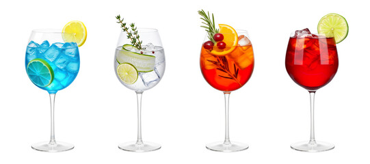 Blue Lagoon, Gin Tonic, Aperol Spritz, Cape Codder cocktail transparent PNG set bundle, isolated background. Refreshing summer cocktails in wine glass with garnish