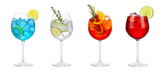 Blue Lagoon, Gin Tonic, Aperol Spritz, Cape Codder cocktail transparent PNG set bundle, isolated background. Refreshing summer cocktails in wine glass with garnish