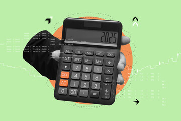 Business and financial concept for 2025 year. Hand holding a black calculator against a background with abstract arrows, charts, and numbers. Art collage for budgeting, content and economic forecasts.