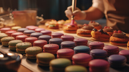 Pastry workshop with colorful macarons and fruit danishes being made