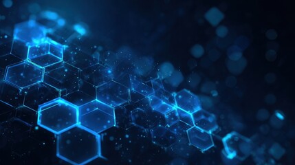 Abstract blue network background with glowing hexagonal shapes creating a futuristic and interconnected technological design.