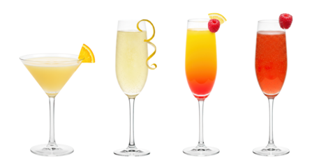 Golden Dream, French 75, Mimosa, Kir Royale cocktail transparent PNG set bundle, isolated background. Colorful elegant sophisticated summer cocktails with garnish, bar menu drinks