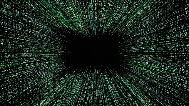Green digital code tunnels toward dark center point, matrix-like effect