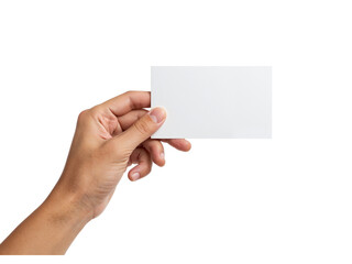 Close up of a person s hand holding a blank white business card with a clean and simple design isolated on transparent background