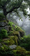 Lush mossy rocks and ancient trees create a serene and mysterious forest scene shrouded in mist evoking a sense of tranquility and natural beauty.