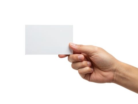 Close up of a person s hand holding a blank white business card with a clear message space isolated on transparent background