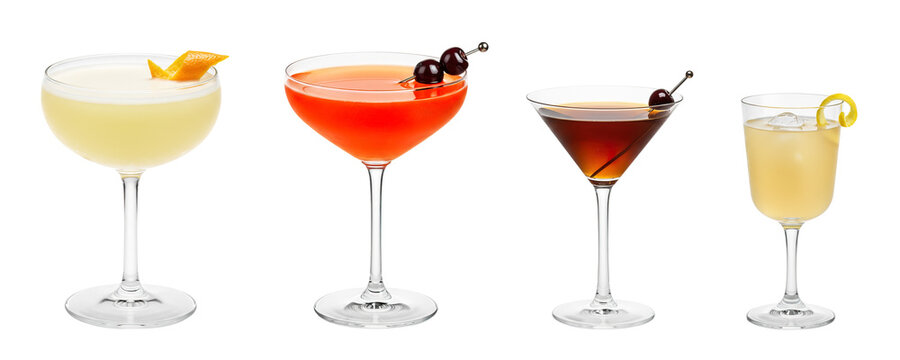 Corpse Reviver, Ward Eight, Manhattan, Bees Knees cocktail transparent PNG set bundle, isolated background. Colorful refreshing summer cocktails with garnish, bar menu drinks