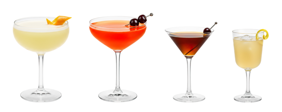 Corpse Reviver, Ward Eight, Manhattan, Bees Knees cocktail transparent PNG set bundle, isolated background. Colorful refreshing summer cocktails with garnish, bar menu drinks