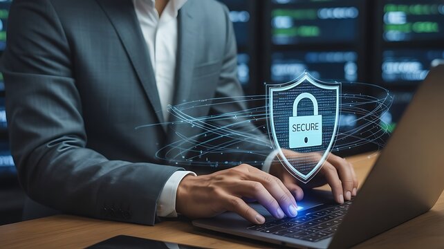 A businessman is typing on a laptop with a cybersecurity shield and lock graphic overlay, representing data protection and network security in the digital world