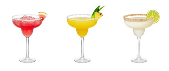 Watermelon, Pineapple, Coconut Margarita cocktail transparent PNG set bundle, isolated background. Colorful vibrant exotic tropical summer cocktails with garnish, bar menu drinks