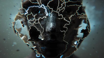 Dark cracked face glowing spirit energy and lightning veins create surreal intense digital art portrait close up atmosphere