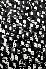 Naklejka premium This striking black and white illustration features numerous small houses, forming a dense, intricate urban pattern with a modern artistic flair.