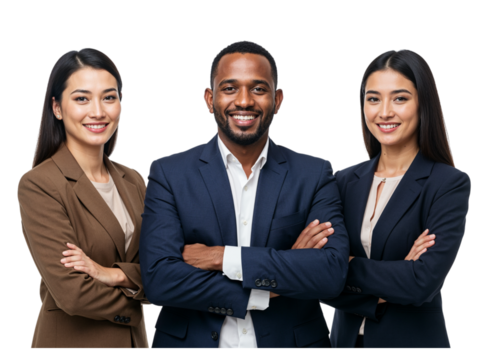 Diverse group of three business professionals smiling confidently with arms crossed isolated on transparent background