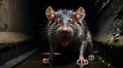 A grotesque rat with glowing red eyes and razor-sharp teeth scurries out of a dark, damp sewer tunnel, its fur matted and filthy.