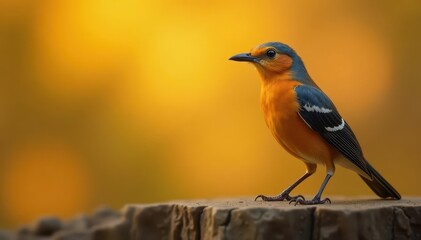 Fototapeta premium Bird in sharp focus against blurred golden background , abstract, flying