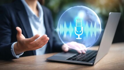 Business professional using laptop for virtual meeting with microphone icon and sound waves in modern workspace - Powered by Adobe