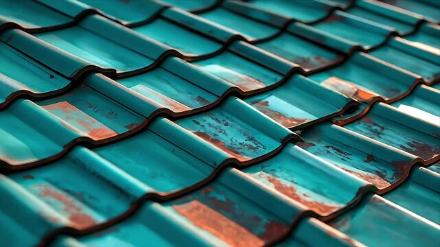 Teal roof tiles close up pattern