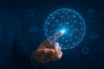 A persons finger touches a glowing digital sphere, representing technology, network, and global connection in a futuristic and innovative concept