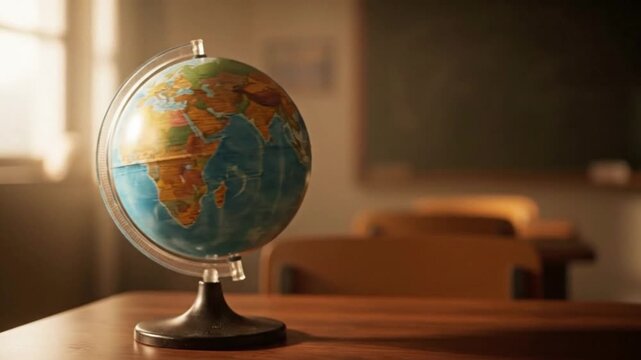Close-up of a classroom globe gently spinning on a wooden desk under soft sunlight 