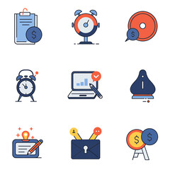 A grid of nine flat design icons representing business and finance