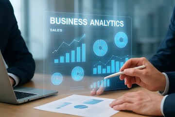 Business analytics concept with data analysis, charts, and graphs displayed on a transparent screen during a meeting, showcasing financial and marketing strategies