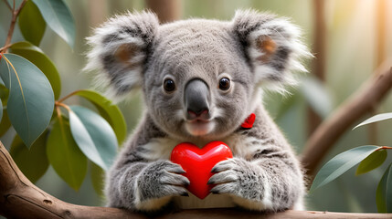 Naklejka premium Cute koala baby with fluffy red heart on in a natural habitat. Koala - my preferred animal. Ad animal conceptual art. Wild beauty of love. Valentine's nature scene. Love in the wild. Wild lo.