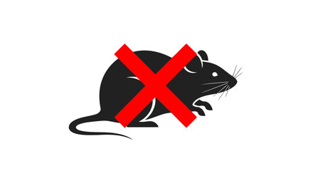 A minimalist vector illustration of a stylized rat with a bold red 'X' over it, symbolizing pest extermination and elimination.