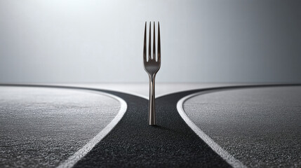 A literal, shiny metal dinner fork is stuck upright in the middle of a miniature asphalt road that splits into two paths, creating a simple and witty visual pun.