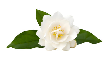 Obraz premium Depicts White Jasmine Flower with Green Leaves on Transparent Background Elegantly, Isolated
