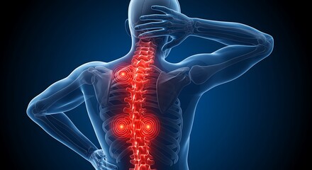 Human back with spine pain, inflammation, ache, injury, disease, and other health problems, 3d illustration of skeleton anatomy with red highlighted area