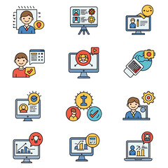 Nine icons depicting business technology and peoplefocused concepts