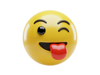 Fototapeta premium Winking yellow emoji face with tongue sticking out and raised eyebrow expressing playful fun isolated on transparent background